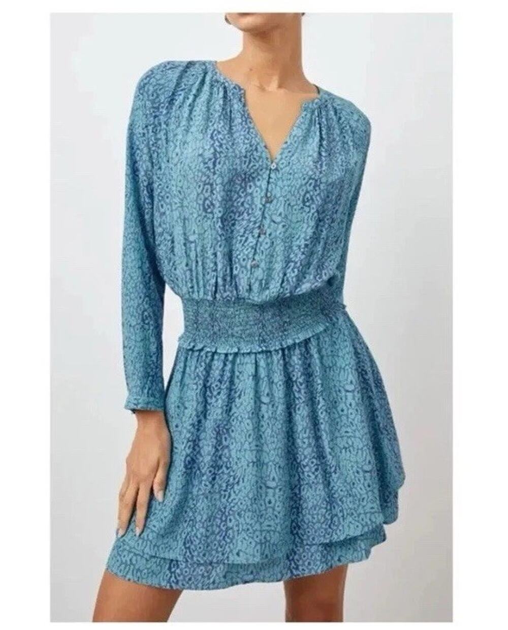 Rails Blue Jewel Cheetah Jasmine Long-sleeve Mini Dress Size S $238